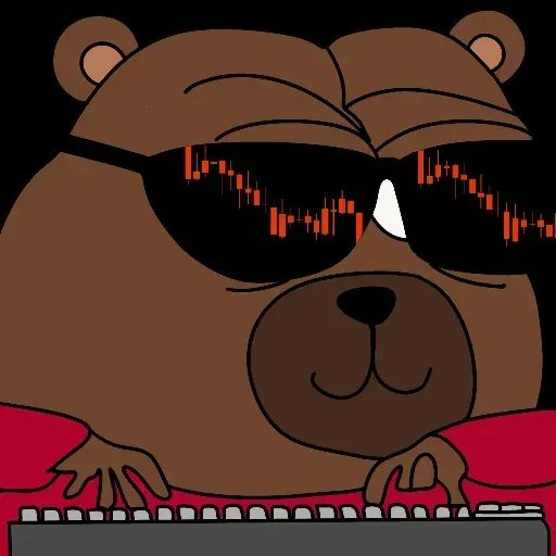 A cartoon illustration of a brown bear wearing black sunglasses reflecting a red stock market chart, while typing on a keyboard.
