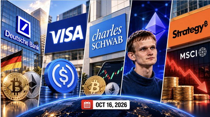 A collage-style graphic featuring logos for Deutsche Bank, VISA, Charles Schwab, Strategy (with Vitalik Buterin's portrait), and MSCI, along with Bitcoin and Ethereum coins, dated OCT 16, 2026.