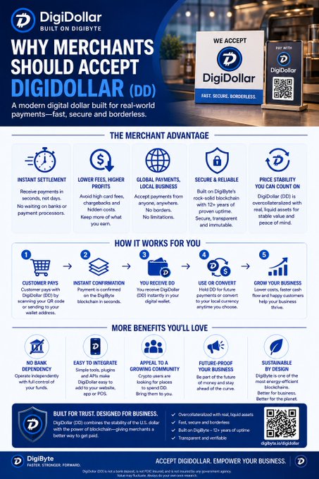 A DigiDollar (DD) promotional infographic explains why merchants should accept the digital currency, detailing benefits like instant settlement, lower fees, secure blockchain transactions, and global payments without borders.