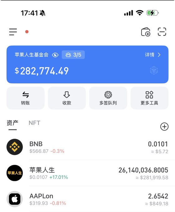 A mobile app screenshot showing a crypto wallet balance of $282,774.49 for '苹果人生基金会' (Apple Life Foundation) with holdings including BNB, 苹果人生 (Apple Life), and AAPLon tokens.