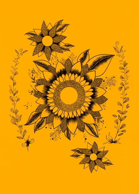 A yellow poster featuring intricate black line-art illustrations of sunflowers and decorative botanical elements.