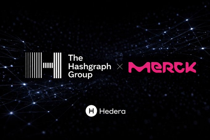 In this image, two logos are displayed against a black background. On the left side of the screen, there's a white logo featuring the letter "H" followed by "The Hashgraph Group", while on the right side, there's a red logo with the word "Merck". In addition to these logos, there's also a pink logo for Hedera Inc. The image seems to be part of a post or advertisement that combines both logos to showcase a partnership between the companies.