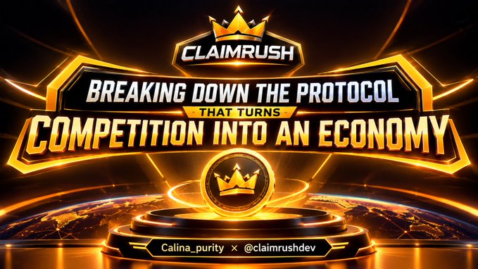 A promotional graphic for ClaimRush displays the bold headline "Breaking Down the Protocol That Turns Competition Into an Economy" beneath the platform's crown logo, with a golden coin bearing a crown emblem resting on a pedestal. At the bottom, the collaborators "Calina_purity x @claimrushdev" are credited alongside social media handles. The image visually reinforces the post's narrative of ClaimRush's pre-launch economic activity, symbolizing the "Crown" and CLAIM token accumulation that occurred before any user could play.