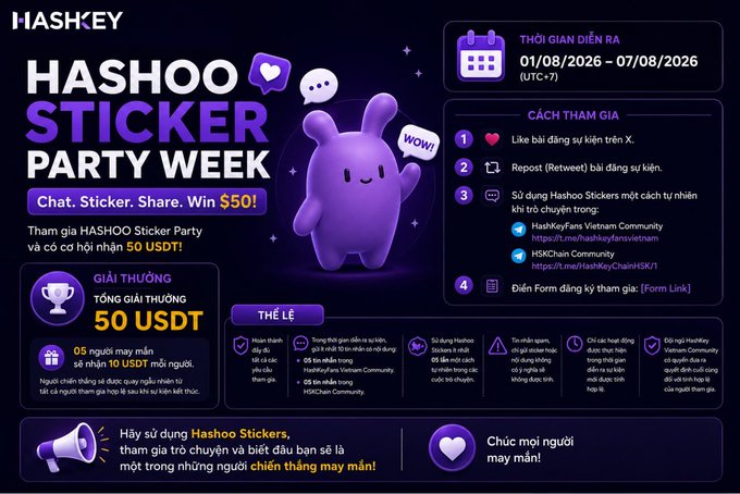A promotional graphic for HASHOO Sticker Party Week by HASHKEY, featuring a purple mascot character, announcing a $50 USDT prize for participants who submit HASHOO stickers and complete the event form before the contest ends on 07/08/2026 (UTC+7). The image provides clear participation steps, a timeline of daily themes, and details about the HasKeyFans and HSKChain communities.