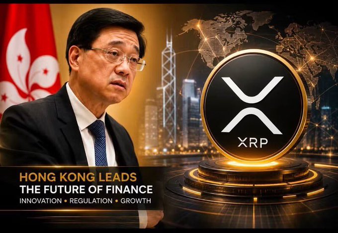 A promotional graphic showing a man in a suit next to the Hong Kong flag, with an XRP coin and the text 'HONG KONG LEADS THE FUTURE OF FINANCE - INNOVATION • REGULATION • GROWTH.'