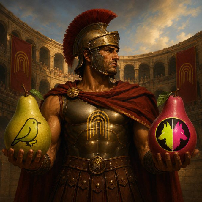 A stoic gladiator wearing a red-plumed helmet stands in a Roman arena holding two large pears—one yellow $THROBBIN emblazoned with a bird, and one red $PACK bearing a wolf—symbolically introducing the two new bonding tokens for arena launches.