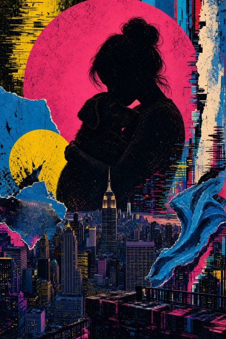A stylized illustration shows the silhouette of a woman with a bun against a pink circular background, with a nighttime cityscape including the Empire State Building below and blue butterfly wings on the sides.
