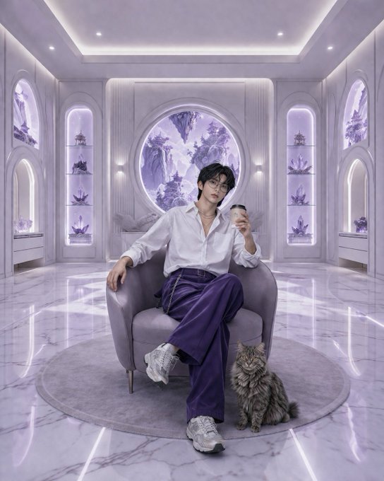 A person with dark hair and glasses sitting in a round purple armchair within a futuristic white and purple room featuring arched display cases with crystals, holding a coffee cup with a tabby cat sitting beside them on a circular rug.