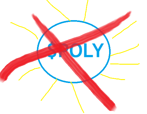A hand-drawn graphic features a blue circle with the word 'SPOLY' inside, radiating yellow lines like a sun, which is crossed out with two large red X marks.
