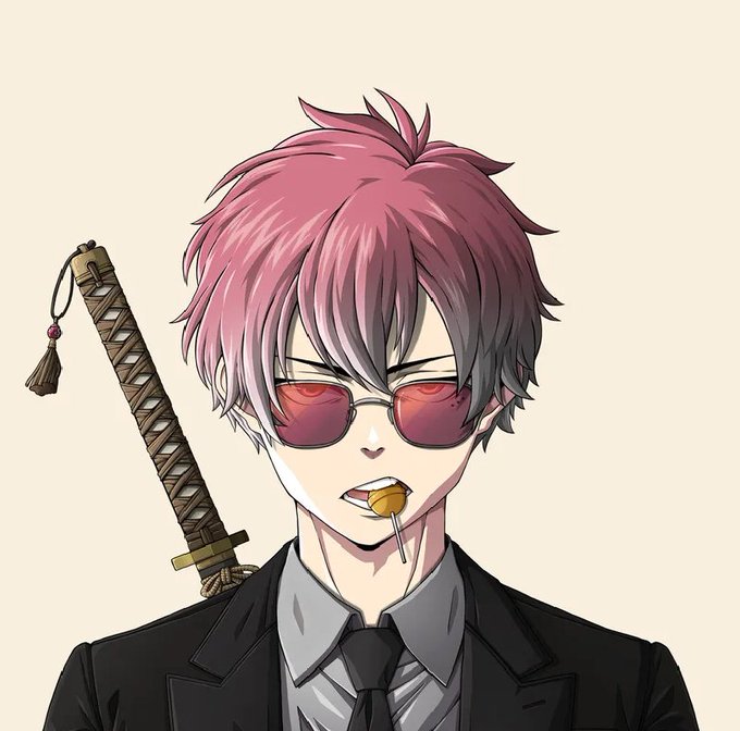 An anime-style illustration of a young man with messy pink hair, wearing red-tinted sunglasses and a black suit with a tie, a lollipop in his mouth, and a katana with a tassel strapped to his back.