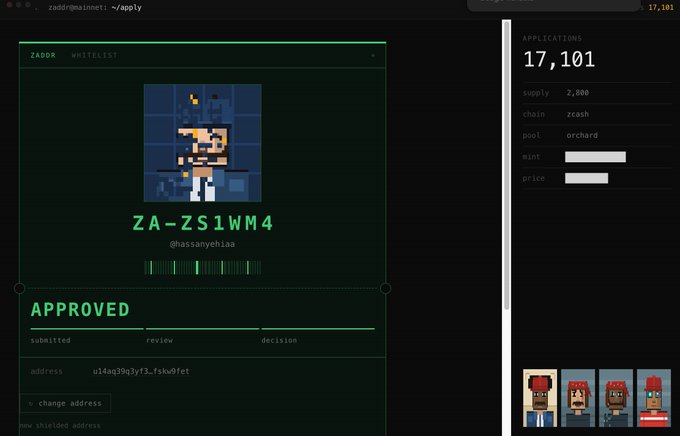 A ZADDR whitelist application interface showing an approved submission with pixel art avatar, identifier 'ZA-ZS1WM4', handle '@hassanyehiao', and address 'u14aq39q3yf3_fsk9v0fet' against a dark green theme with 17,101 total applications.