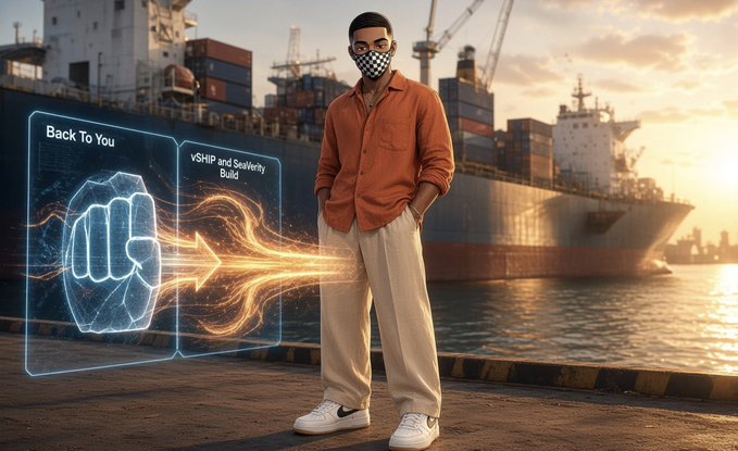 A young man wearing a checkered face mask, orange button-up shirt, and beige pants stands on a dock with cargo ships behind him, next to a digital holographic display showing a glowing fist and arrow with text reading 'Back To You' and 'vSHIP and Sealerly Build'.