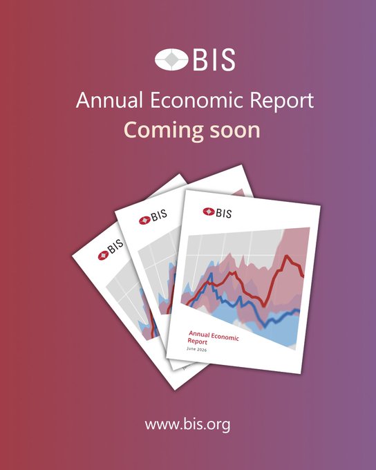 A promotional graphic for the BIS (Bank for International Settlements) Annual Economic Report with a "Coming soon" announcement, featuring the BIS logo and cover artwork showing two line graphs in red and blue, dated June 2026, with the website www.bis.org at the bottom.

The image directly supports the post's reference to the BIS releasing guidance, as it announces the upcoming publication of the BIS Annual Economic Report, aligning with the post's discussion of major financial institutions like the BIS advancing blockchain initiatives alongside the DTCC and SWIFT.