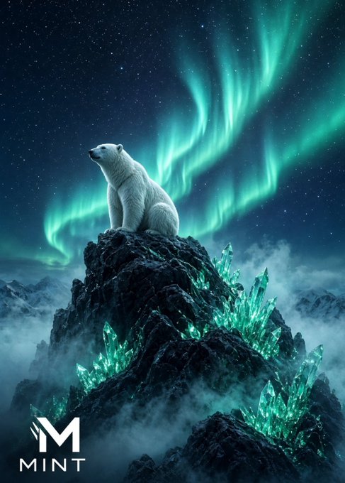A fantasy artwork featuring a white polar bear sitting atop a rocky peak surrounded by glowing green crystals, set against a starry night sky with the aurora borealis, branded with "M MINT" in the corner.