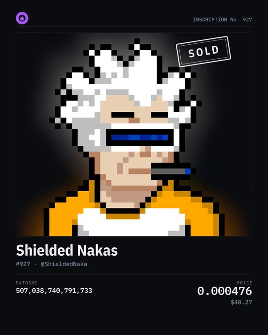 A pixel art NFT listing titled "Shielded Nakas" (#927) marked as SOLD, featuring a white-haired character with a blue visor, priced at 0.000476 ($40.27) with 507,038,740,791,733 satoshis.
