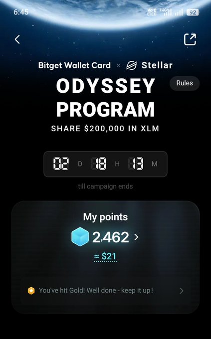 A mobile screenshot of the Bitget Wallet Card and Stellar 'Odyssey Program' showing 2 days, 18 hours, 13 minutes remaining to share $200,000 in XLM, with the user holding 2,462 points (~$21) at Gold tier.