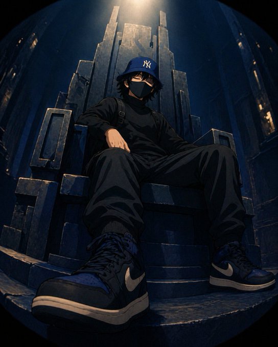 An anime-style illustration of a masked figure wearing a NY Yankees cap, all-black outfit, and blue Nike high-top sneakers, sitting on a dark throne.