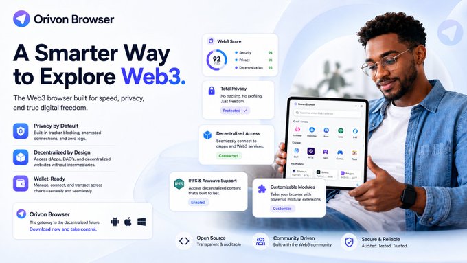 A promotional graphic for 'Orivon Browser' describes it as 'A Smarter Way to Explore Web3,' highlighting features like privacy, decentralized access, and IPFS support, alongside an image of a man using a tablet.