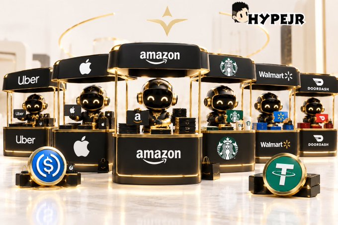 A 3D-rendered image by HYPEJR showing stylized robot characters in branded kiosks for major companies including Uber, Apple, Amazon, Starbucks, Walmart, and DoorDash, with USDC and Tether coins in the foreground.