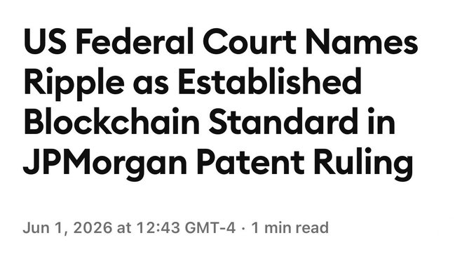 The image shows a white square with black text that reads "US Federal Court Names Ripple as Established BLOCKCHAIN STANDARD IN Jp Morgan Patent Ruling". The caption below the image states, "RIPPLE IS THE #1 BLOCKCHAIN STANDARD. FEDERAL COURT CONFIRMS.".