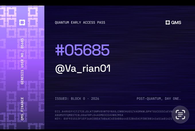 A digital 'QUANTUM EARLY ACCESS PASS' with a purple pixelated design, displaying the number '#05685' and the username '@Va_rian01'.