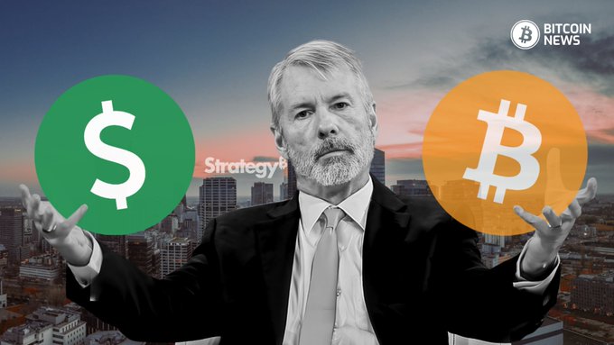 Strategy's Michael Saylor balances a US dollar coin and Bitcoin symbol against a city skyline, visually representing the company's recent shift from BTC accumulation to $139.3M in STRC share buybacks.