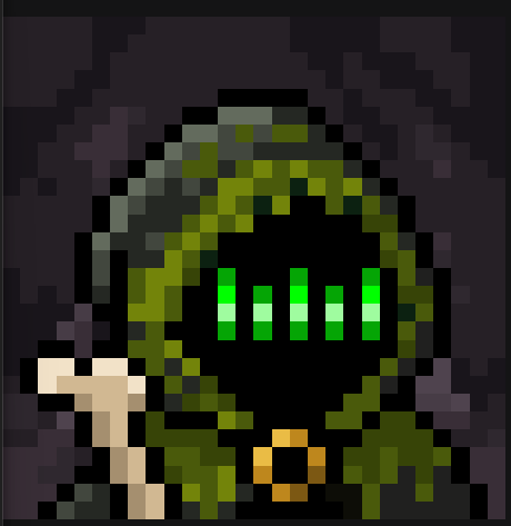 A pixel-art character wearing a green hooded cloak and displaying four green vertical bars across its face, holding a bone and what appears to be a small orange item, representing the "Bone" item (#23) from the Chainmancer collection.