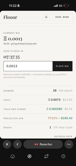 Screenshot of the Flooor.fun app showing a "Base Day One" NFT (token ID 0X3D...BC09) auction with a current bid of 0.0013 ETH (~$2.48) and a sign closing in 7h:37m, displaying metrics including 26 signers, a 0.0073 ETH vault, and a projected APR of 7713% (~$195.43). The interface supports the post's claim about Base Day One NFTs earning passive income, showing the current 26 signers already participating in this epoch's yield farming opportunity.
