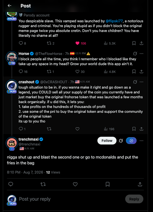 A screenshot of an X post thread showing replies from users @TheFlowHorse, @0xCRASHOUT, and @trenchmaxi, with trenchmaxi suggesting to 'shut up and blast the second one or go to mcdonalds and put the fries in the bag'.