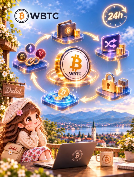 A cute cartoon girl wearing a knitted hat sits in front of a laptop with a Bitcoin logo, with a "Dalat" sign and mug beside her, while above her a glowing infographic shows a WBTC token circulating through a 24-hour cycle involving a wallet, a swap exchange, a secured lock, and stacked coins, visually echoing the post's description of a single bitcoin's journey through wallets, protocols, collateral, and liquidity over 24 hours.
