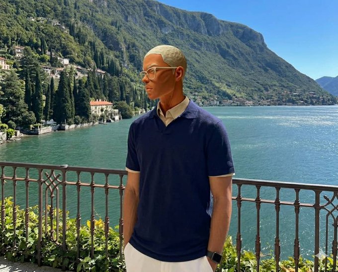 A young man with short bleached blonde hair and glasses wearing a navy blue polo shirt, standing by a railing overlooking a scenic lake and mountains.