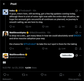 The image shows a social media post from @WallStreetAlfa announcing support for $INDEX by @TheIndexFi, stating they'll send $INDEX their way and help secure the #1 spot, with community replies from @TheIndexFi teasing a big update amid crypto market noise and confirming the account is secured.