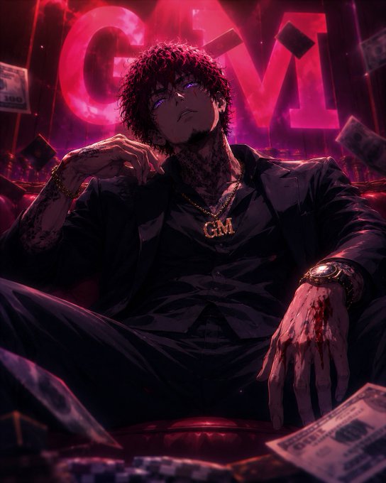 An anime-style character with dark red hair, glowing eyes, and a black shirt sits on a leather couch beneath a glowing pink "GM" neon sign, wearing a gold "GM" chain with dollar bills scattered around. The image ties to the "Good night GANG" caption as the "GM" branding and luxurious, money-filled scene embody the gang leader aesthetic the post is referencing.
