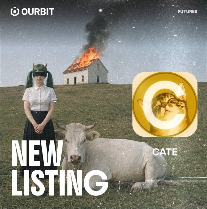 A surreal promotional graphic for 'OURBIT' featuring a 'NEW LISTING' for 'CATE' token, showing a girl with green pigtails and a horned creature on the left, and a cat inside a 'C' logo on the right, with a burning house and UFO in the background.