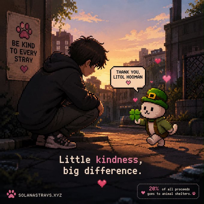 A pixel-art style promotional image for "SOLANASTRAYS.XYZ" showing a boy feeding a dog dressed as a leprechaun, with text "THANK YOU, LITOL HOOMAN," "Little kindness, big difference," and "20% of all proceeds goes to animal shelters."