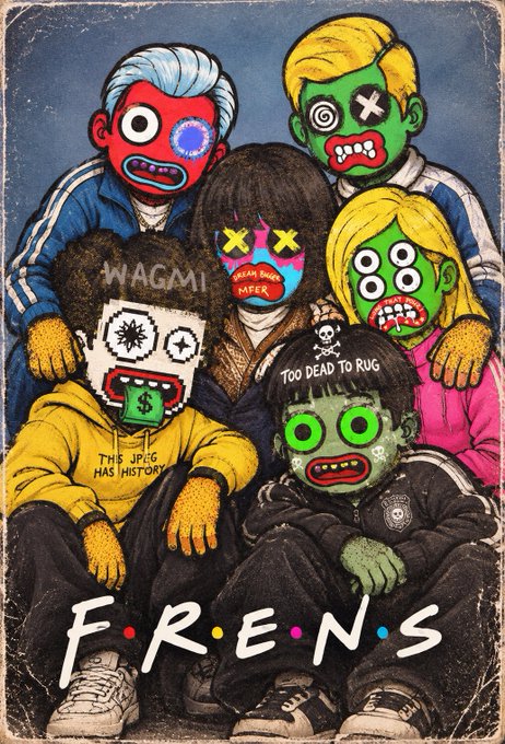 A stylized illustration parodying the 'Friends' TV show poster, featuring characters with colorful, zombie-like faces and text reading 'F.R.E.N.D.S' at the bottom.