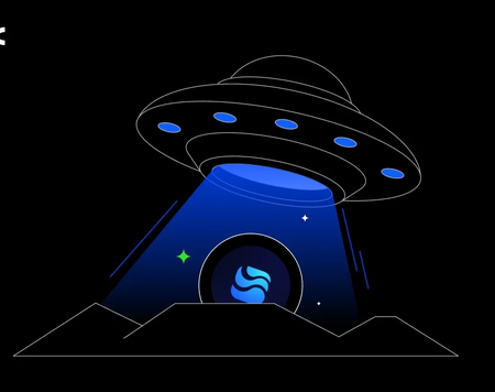 A minimalist digital illustration of a blue UFO beaming down on a small wavy astronaut figure, set against a black background with a jagged horizon line.
