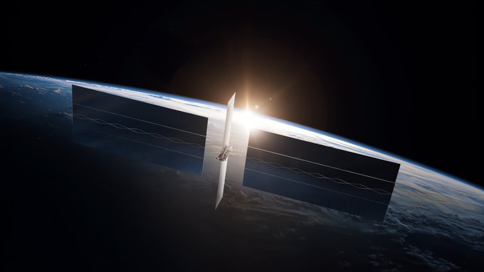 A satellite with solar panels orbits above Earth as the sun rises over the horizon, visually accompanying news that NVIDIA's Rubin GPUs and Vera CPUs will power SpaceX's Starmind AI satellites.