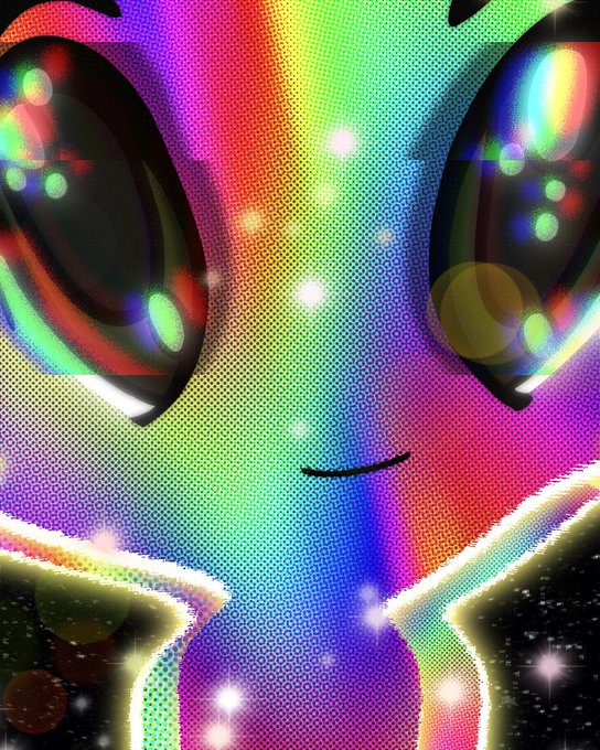 A psychedelic, colorful digital illustration of a stylized alien face with large reflective eyes and a rainbow-hued, pixelated texture.