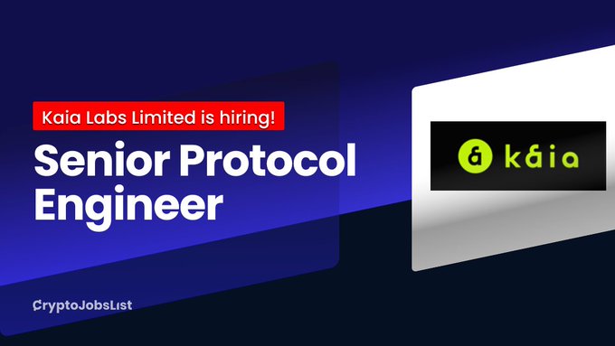 The image features a job posting for a Senior Protocol Engineer position at Kaia Labs, Inc. The title of the job posting reads "Senior Protocol Engineer" and it's accompanied by an image of a logo that says "Kaia". Below this, there is text that reads "Hiring: Senior Protocol Engineer - @kaiachain Kaia Labs is building core blockchain infrastructure to accelerate the Kaia ecosystem". This suggests that the company is looking for someone with experience in developing and maintaining protocols for their blockchain platform. The job posting also mentions that the role requires a remote full-time position, which means that the candidate would be responsible for managing and overseeing the development of the core protocol.
