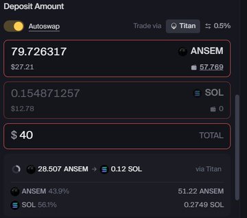 A crypto deposit/trading interface showing a swap of ANSEM and SOL tokens with a $40 total via Titan (0.5% fee).