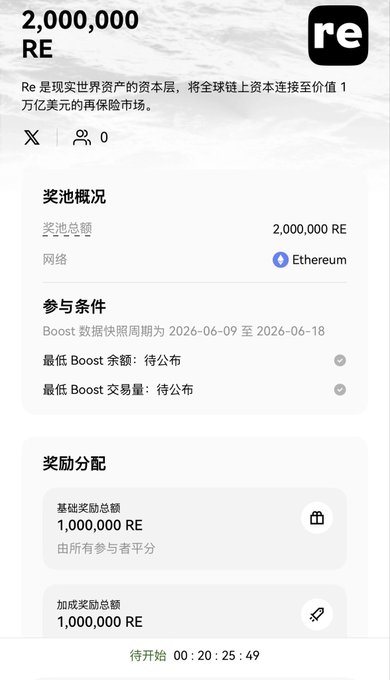 The image shows a phone screen displaying a list of two projects that have been launched simultaneously with a total reward of 2 million dollars. The projects are RE: Boost and RE: Etherum. The deadlines for these projects are 18th and 25th, respectively. The image also includes text in Chinese and English, which might be instructions or information about the projects.