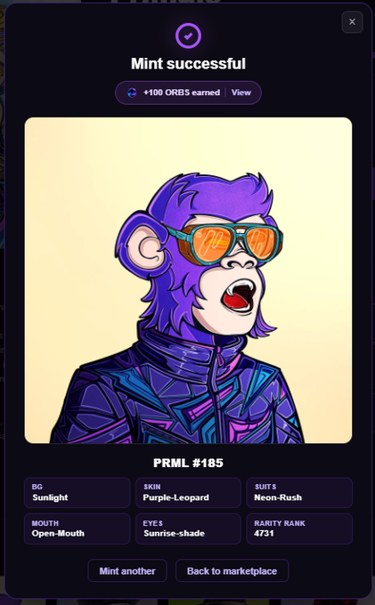 A mobile screenshot showing a 'Mint successful' notification for an NFT character named 'PRML #185', a purple monkey in sunglasses, with trait details like 'SKIN: Purple-Leopard' and 'Rarity Rank 4731'.