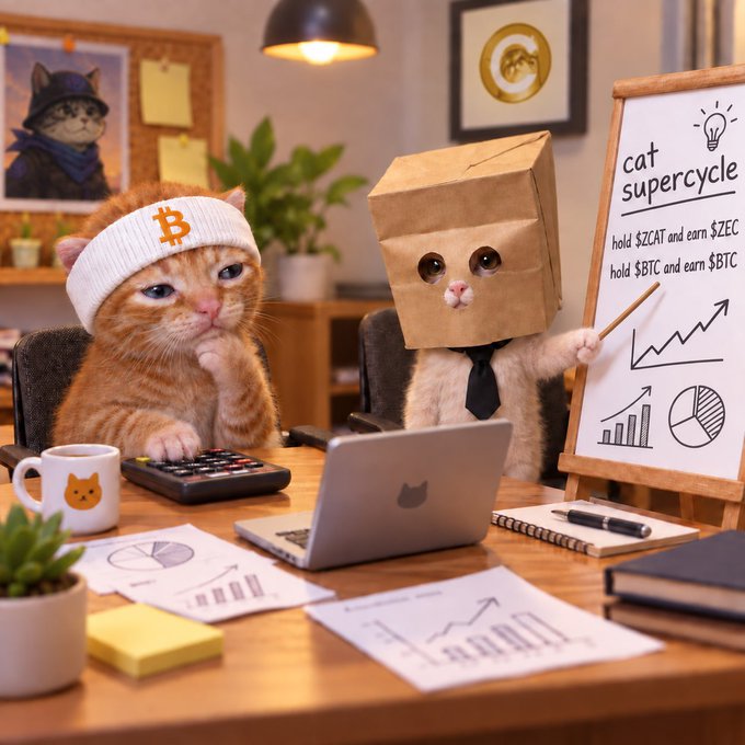 AI-generated image of two cats at a desk: one wearing a Bitcoin headband using a calculator, and another with a paper bag on its head pointing at a whiteboard displaying 'cat supercycle' with charts.