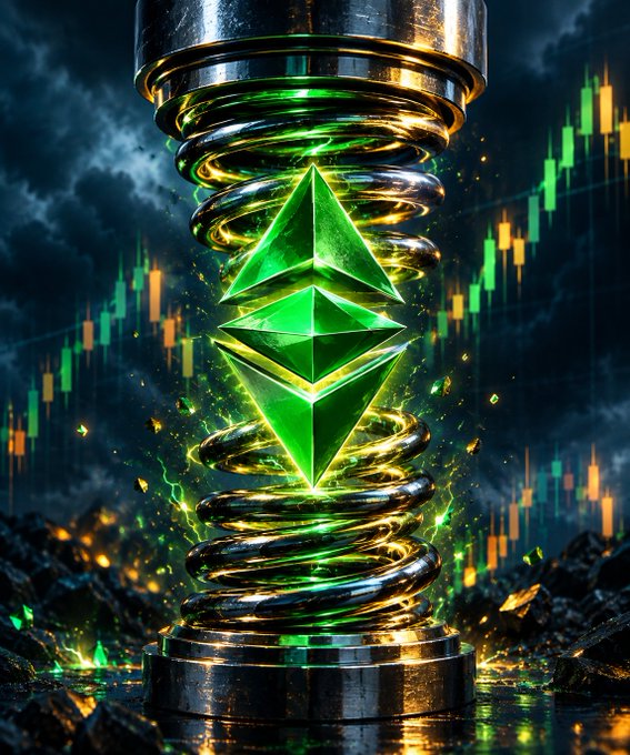 A digital artwork featuring the green Ethereum logo (ETH) surrounded by metallic coils with green energy effects, set against a dark stormy background with green and orange candlestick trading charts.