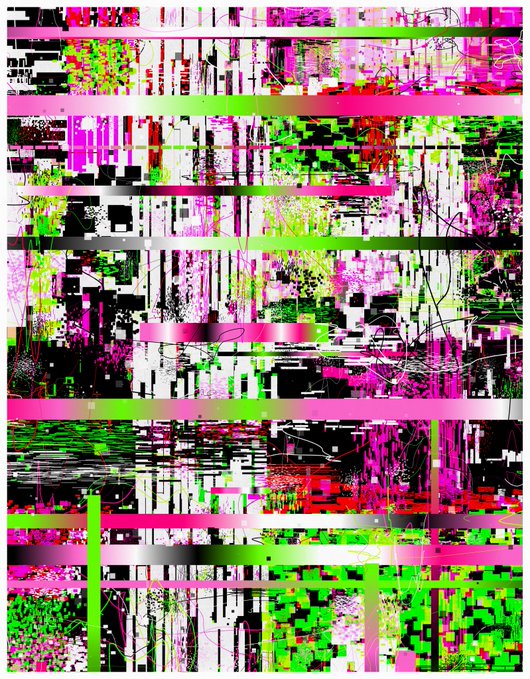 An abstract digital glitch artwork featuring distorted, fragmented horizontal lines and pixelated blocks in vibrant pink, green, black, and white hues.