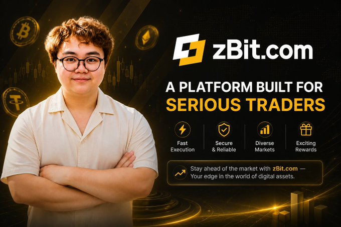 A promotional banner for zBit.com featuring a young man in glasses, branded 'A PLATFORM BUILT FOR SERIOUS TRADERS' with Bitcoin imagery and highlights: Fast Execution, Secure & Reliable, Diverse Markets, Exciting Rewards.
