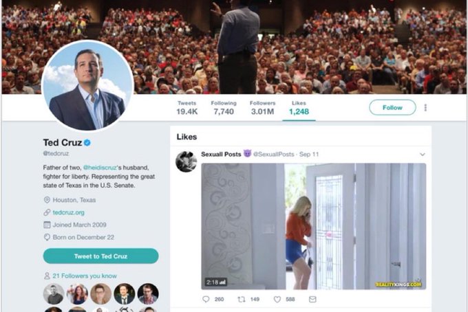 A Twitter profile page for Ted Cruz (@tedcruz), US Senator from Texas, showing 3.01M followers and a liked post from @SexuallPosts featuring an image with the watermark 'REALITYKINGS.COM'.