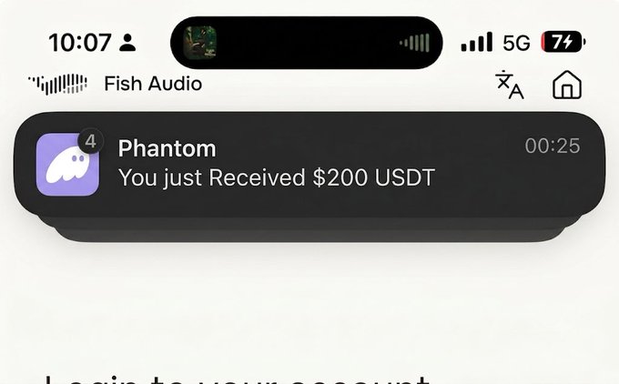 A notification from the "Phantom" crypto wallet alerts "You just Received $200 USDT" on an iPhone with only 74% battery, visually illustrating the "web3 boys and low battery iPhones" joke by showing a DeFi wallet notification alongside a battery in need of charging.