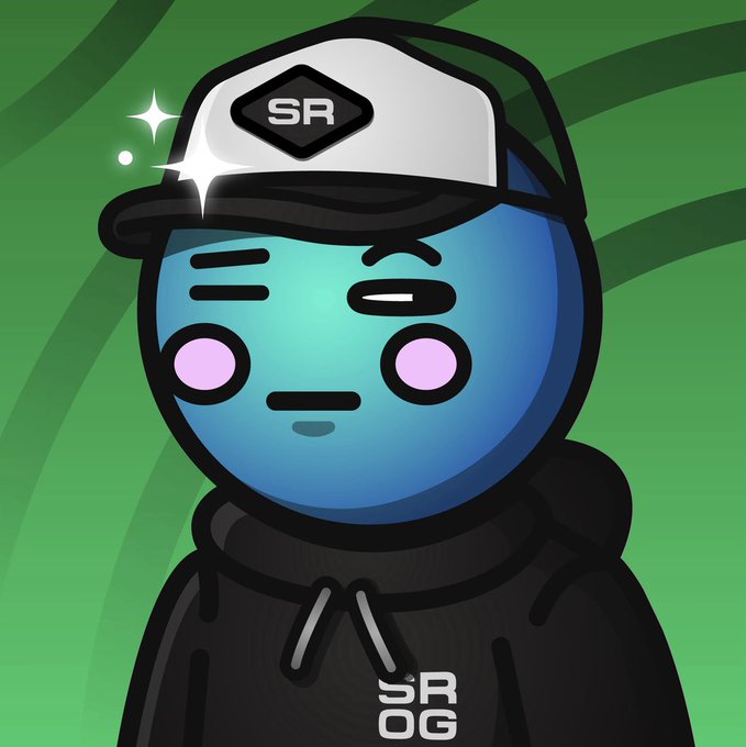 A cartoon blue character wearing a black and white "SR" cap and a black hoodie with "SROG" text, against a green background.